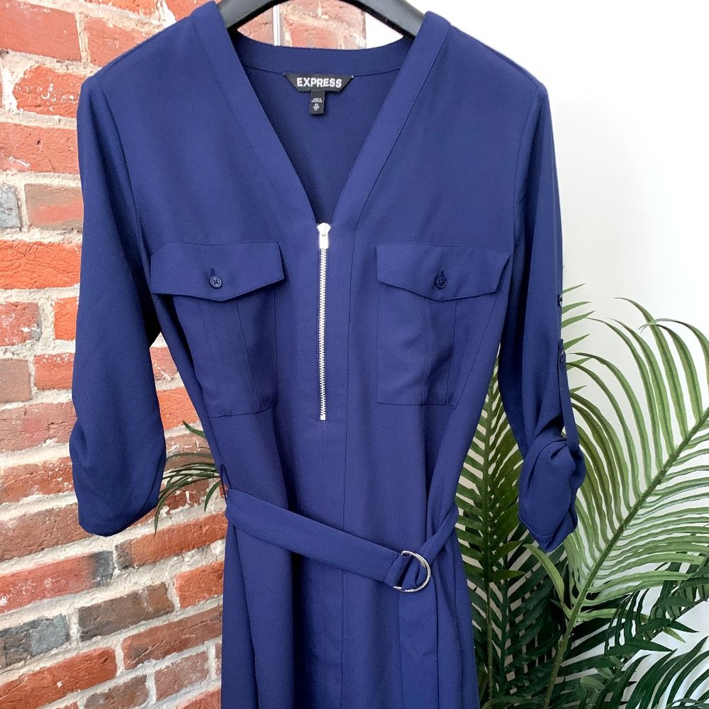 Navy Blue Blouse Dress with Belt